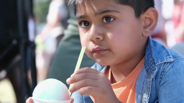 孩子们喝果汁 吃冰淇淋萨里加拿大日 家家户户身着红色衣服 在加拿大萨里市的一个周末 走在广场上 — 图库视频影像