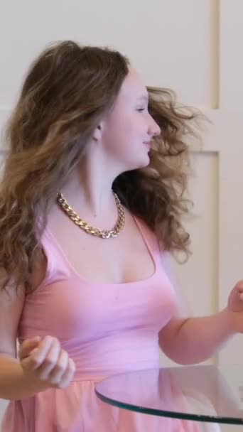 Young Woman Flying Hair Looks Smile Happy Touches Her Hair — Video Stock