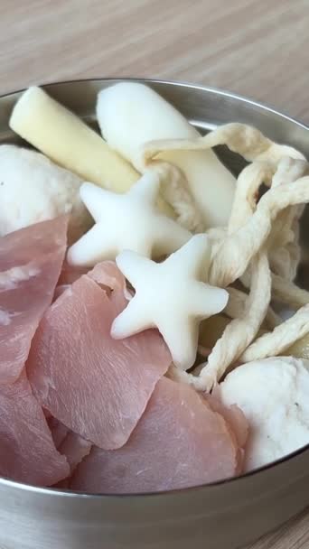 Pasta Carne Marisco Alimentos Picados Crudos Para Hacer Sopa Tailandesa — Vídeo de stock