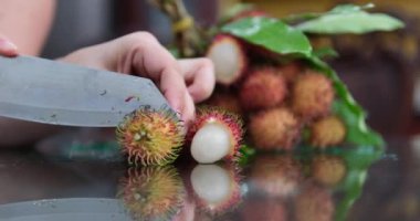 Taze sağlıklı kırmızı rambutan meyve yığını yerel çiftçi pazarında sergileniyor. Taze hasat edilmiş Rambutan meyvesi görüntüleri. Taze rambutan meyvesini açarken yakınlaş.