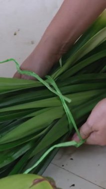 Vietnam 'daki bir süpermarkette ya da markette pırasa, sebze ve meyveler. Ekmeğe pırasa bağla, dikey video. Yüksek kaliteli FullHD görüntüler