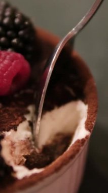 Kadın cam bir kasede tiramisu tatlısı hazırlıyor. Yanında da mutfak kasesi var. Adım adım tarif et. Tiramisu işlem yapıyor. 