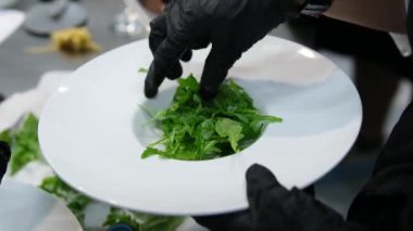 Taze salata tabağı ve karışık yeşillik marul yaprakları roka mesclun mache limon yakından. Lezzetli vejetaryen yemekleri pişirmek. Yavaş çekimde yemek hazırlama kavramı. Sağlıklı gıda keto veya paleo diyeti