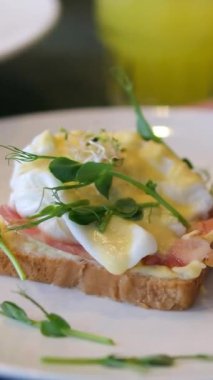 Mantar talaşı ve canlı garnitürle birlikte somon balığının üzerinde haşlanmış yumurta içeren gurme yemeği, nefis yemek zarafeti sergiliyor. Güzel Yemek ve Mutfak Sanatları. Yüksek kalite 4k görüntü