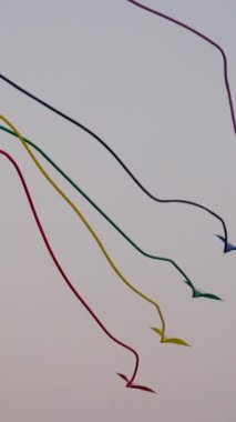 Mavi gökyüzünde renkli bir uçurtma. Mavi gökyüzüne ve beyaz bulutlara karşı gelişen bir uçurtmanın yavaşlatılmış çekimi. Uçurtma gösterisi Renkli uçurtmalar Akşam gökyüzünde uçar