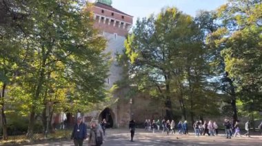 Polonya 'nın başkenti Krakow' da yürüyüş yapan turistler. Döndürme atışı. Krakow Polonya 'da sokak 11.07.2024