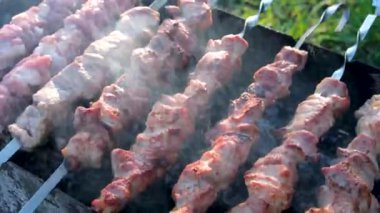 Barbekü ızgarasında ızgara şiş kebap. Sulu et kebabını dumanlı şişte hazırlıyorum. Barbekü. Açık havada ızgara. Piknik zamanı. Yüksek kalite 4k görüntü