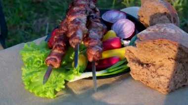 Shashlik açık havada salata sebzeleri ve ev yapımı kırık keten masa örtüsü ile piknikte dinleniyor. Yüksek kalite 4k görüntü