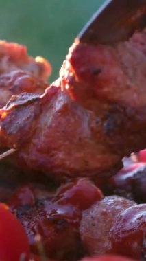 Herkese BBQ Izgarasında Mükemmel Pişmiş Et Şişleri 'nin tadını çıkarın. Eti şişlemeden kaldır