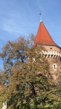 Polonya 'nın başkenti Krakow' da yürüyüş yapan turistler. Döndürme atışı. Krakow Polonya 'da sokak