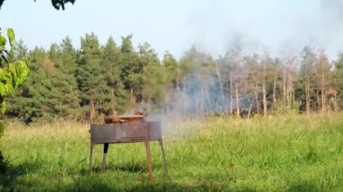 Sıcak bir yaz gününde, güneşli yeşil bir arka bahçede ızgaradan yükselen dumanla açık hava barbekü hazırlığı. Yüksek kalite 4k görüntü