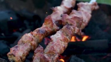 Barbekü ızgarasında ızgara şiş kebap. Sulu et kebabını dumanlı şişte hazırlıyorum. Barbekü. Açık havada ızgara. Piknik zamanı. Yüksek kalite 4k görüntü