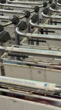 Bavul vagonları havaalanı terminalinde kolay kullanım için tek sıra halinde kilitlenir. Yüksek kalite 4k görüntü