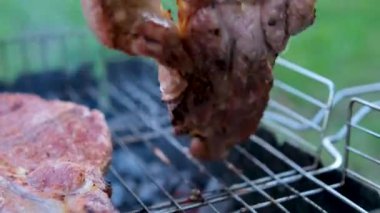 Barbekü ızgarasında ızgara şiş kebap. Sulu et kebabını dumanlı şişte hazırlıyorum. Barbekü. Açık havada ızgara. Piknik zamanı. Yüksek kalite 4k görüntü