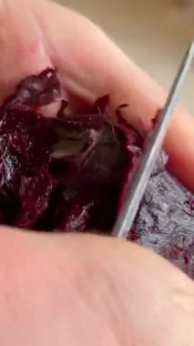 Tabağın üzerinde sebze soyacağı ile deriden soyulurken taze, yuvarlak, kırmızı pancar kökü. Yüksek kalite 4k görüntü