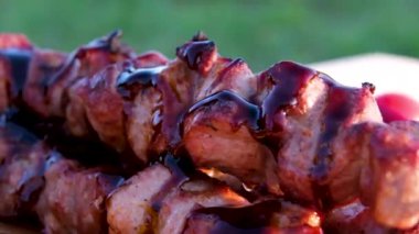 Barbekü ızgarasında ızgara şiş kebap. Sulu et kebabını dumanlı şişte hazırlıyorum. Barbekü. Açık havada ızgara. Piknik zamanı. Yüksek kalite 4k görüntü