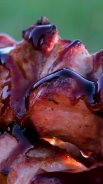 Barbekü ızgarasında ızgara şiş kebap. Sulu et kebabını dumanlı şişte hazırlıyorum. Barbekü. Açık havada ızgara. Piknik zamanı. Yüksek kalite 4k görüntü