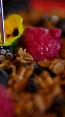Kadın eli bir tabağı granola, yoğurt, böğürtlen ve çiçeklerle çevirir. Yüksek kalite 4k görüntü