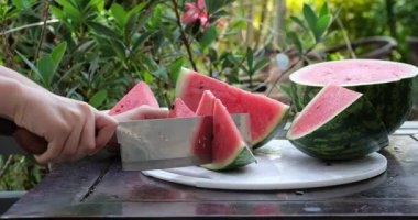 Kadın, kavun, plaj - kadın sulu meyve dilimleri, kumlu sahil konumu, güneşli bir gün. Kilo kaybı ve vücut görüntüsü konsepti. Plajda vücudu mükemmel olan bir kadın. Yüksek kaliteli FullHD görüntüler