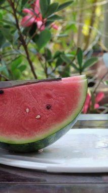 Yakın plan kırmızı karpuz dilimleri tabakta tohumlar, taze ve canlı bir yaz atıştırmalığı seti ile düzenlenir ve el bir parça kapar ve onu yakın tutar. Yüksek kaliteli FullHD görüntüler