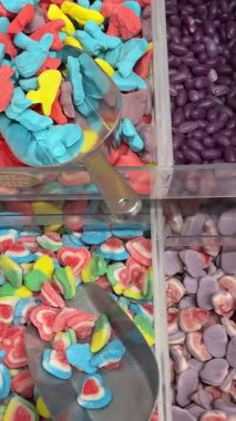 Bir şekerci dükkanında renkli şeker çeşitleri sergileniyor canlı ve neşeli renklerle. Yüksek kalite 4k görüntü