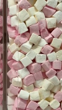 Makro, bir tepsi yumuşak fıçı şeklindeki, pembe ve beyaz şekerlemeli şekerleme yığınının yavaş çekimini yapıyor. Yüksek kalite 4k görüntü