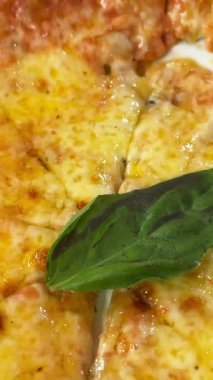 Mozzarella peynirli Margherita pizza, domates sosu, zeytinyağı ve fesleğen yaprağı. Yüksek kalite 4k görüntü