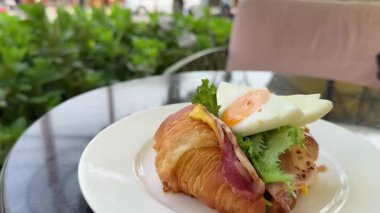 Yumurta, Avokado ve somonla yapılmış lezzetli kruvasan sandviçi geleneksel Fransız mutfağı, Fransa kahvesi, sabah kahvaltısı menüsü. - Evet. Yüksek kalite 4k görüntü