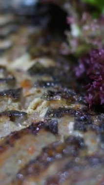 Doldurulmuş balık dolması, domatesli salatalık ve otlu restoran tabağıyla servis edilir. Yüksek kalite 4k görüntü