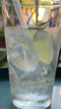 Bardakta mojito kokteylini taze dilimlenmiş limon, nane ve buzla kapat. Yaz içeceği, maden suyu, karbonatlı. Makro atış. Dikey çekim. Yüksek kalite 4k görüntü