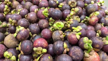 Yerel pazarda taze mangosteen perakende satışı. Manggis veya mangosteen veya garcinia mangostana veya mor mangosteen tatlı, keskin ve suludur. - Evet. Yüksek kalite 4k görüntü
