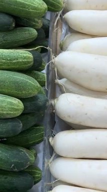 Salatalık turpları havuç doğal sebzeler bir süpermarketin vitrininde duruyor ve sağlıklı bir hayat için arka arkaya sebzeli lahana patlıcan alıyor. Yüksek kalite 4k görüntü