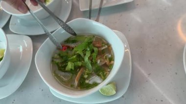 Vietnam usulü tavuk çorbası sıcak Vietnam usulü tavuk çorbası limonlu erişte çorbası ve süslenmiş taze otlar. Yüksek kalite 4k görüntü
