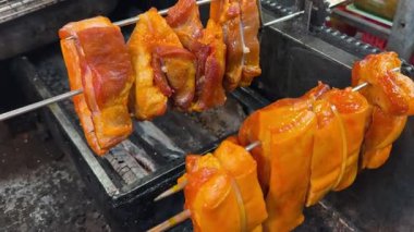 Barbekü ızgarasında ızgara şiş kebap. Sulu et kebabını dumanlı şişte hazırlıyorum. Barbekü. Açık havada ızgara. Piknik zamanı. Yüksek kalite 4k görüntü