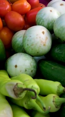 Tahta kutuya sebze karışımı. Farmer Holding Box, arka plandaki meyve bahçesi. Taze sebze hasadı, kırsal bölge ve çiftçiler konsepti. Yüksek Hız Sinema Kamerasında Çekim, 
