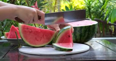 Dilimlenmiş taze karpuz tabağı yakın plan. Yüksek kalite 4k görüntü