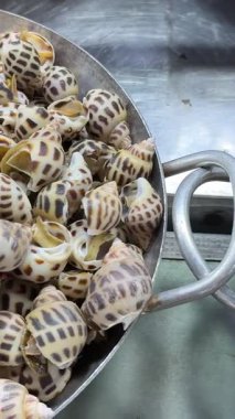 Limon ve yemek çubuklarıyla servis edildiğinde otantik geleneksel tencerede lezzetli bir şekilde pişirilmiş salyangoz. Deniz ürünleri aşıkları için tecrübe. Yüksek kalite 4k görüntü