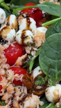 Caprese kanepelerine kiraz domatesli ve mozzarella peynirli peynir toplarıyla balzamik sos dökmek. Yüksek kalite 4k görüntü