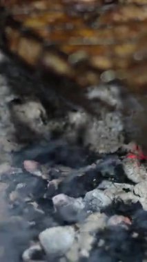 Izgarada tavuk budu ızgarası var. Demir ızgarayı çevir. sıcak kömür