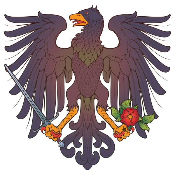 Heraldic Eagle Spread Wings Holding Sword Rose Heraldic Supporter Part — Stockvector