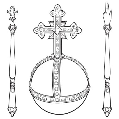 Sceptre and globus cruciger also known as orb. Sign of royal authority. Line drawing isolated on white background. EPS10 Vector illustration clipart