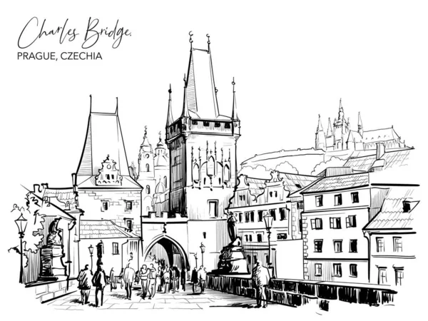 Charles Bridge Stadsutsikt Prag Tjeckien Svart Linje Ritning Isolerad Vit — Stock vektor