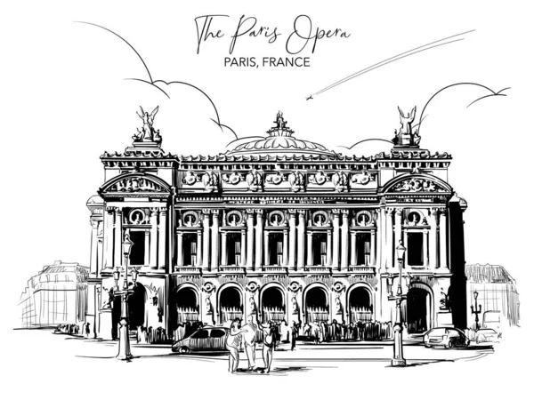 Здание Парижской Оперы Черная Линия Рисунок Изолирован Белом Фоне Открытка — стоковый вектор
