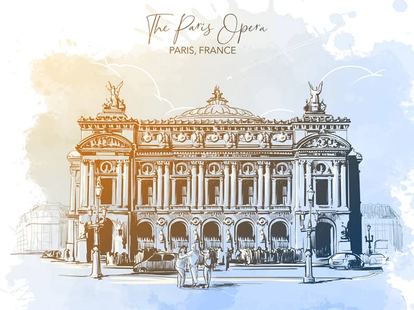 Паризька Опера Лінійний Малюнок Ізольований Акварельному Тлі Текстурою Гранджу Приклад — стоковий вектор
