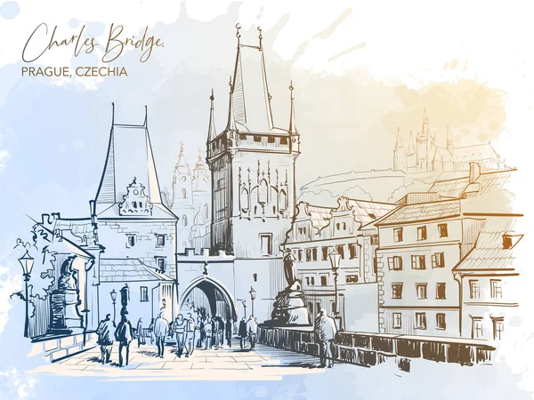 Charles Bridge Stadsutsikt Prag Tjeckien Linje Ritning Isolerad Akvarell Struktur — Stock vektor