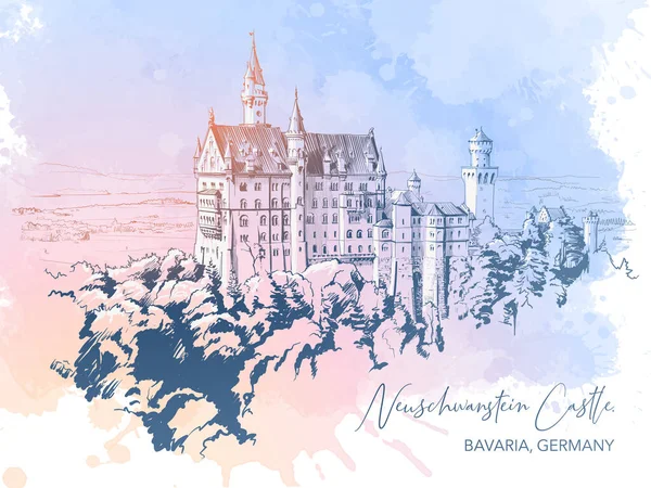 德国Hohenschwangau村附近著名的Neuschwanstein城堡 建于19世纪哥特式风格的浪漫复兴时期 用水色纹理磨擦Bg隔断的线条图 — 图库矢量图片