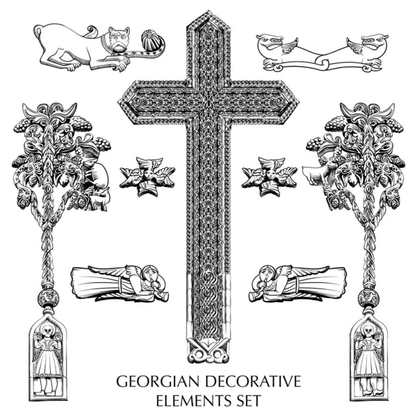 Gruziński Tradycyjny Zestaw Elementów Dekoracyjnych Fasady Kościoła Kwitnie Architektura Rysunek — Wektor stockowy