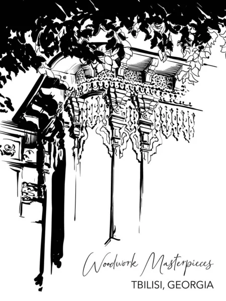 Традиционный Грузинский Особняк Балконом Украшенный Орнаментами Дерева Тбилиси Грузия Черная — стоковый вектор