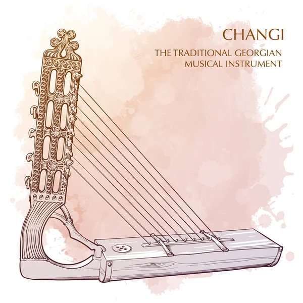 Чанги Традиционный Грузинский Музыкальный Инструмент Похожий Арфу Линия Рисунок Изолирован — стоковый вектор