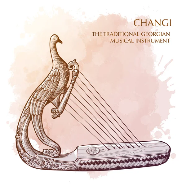 Changi 하프와 전통적 조지아 악기로 손으로 모양의 조각상 물감의 배경에 — 스톡 벡터